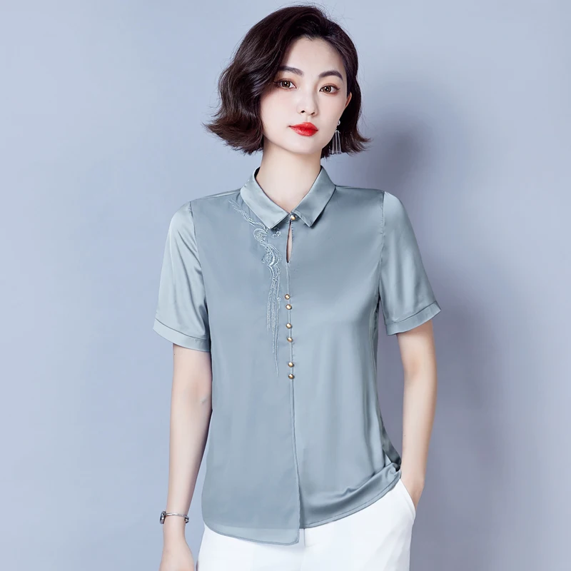 

High Quality Silk Female Shirts Short Sleeve Woman Tops 2022 Summer New Design Korean Fashion Office Lady Button Up Shirt Satin