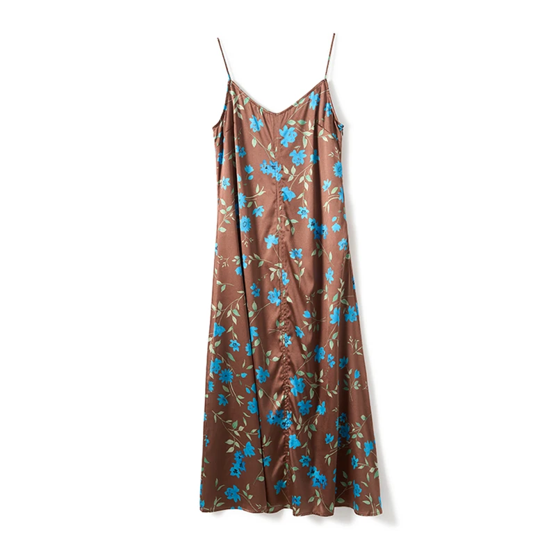 

Sling Dress Women 100% Silk Vintage Style Printed V Neck Fixed Shoulder Straps High Quality lLong Dresses Ladies Nnew Fashion