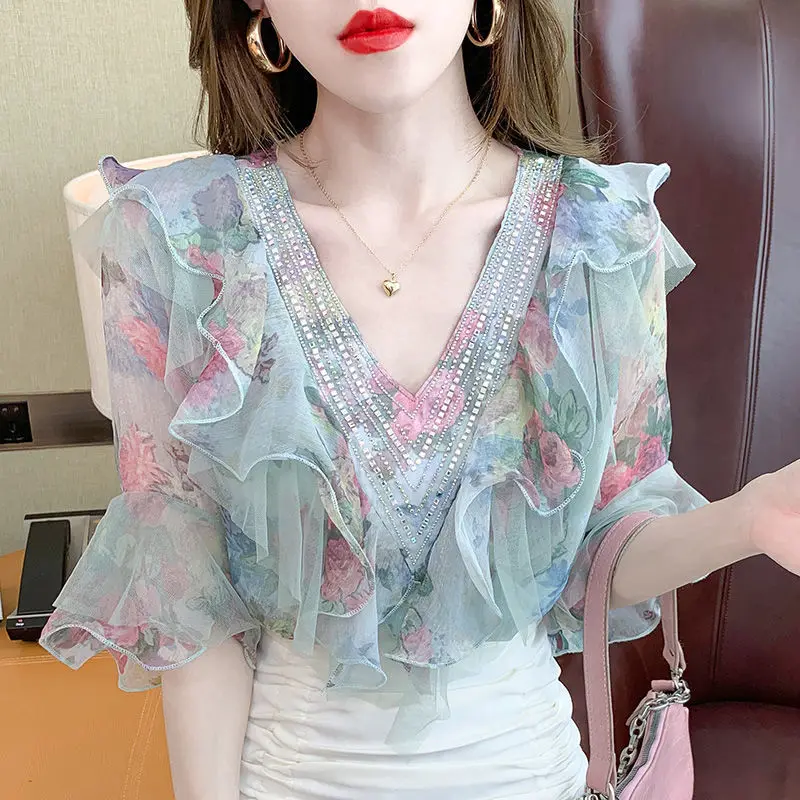 Sweet Elegan Ruffles Chiffon Shirts Women New Korean Fashion Temperament Elegant Blouses Ladies Chic Petal Sleeve Printed Top