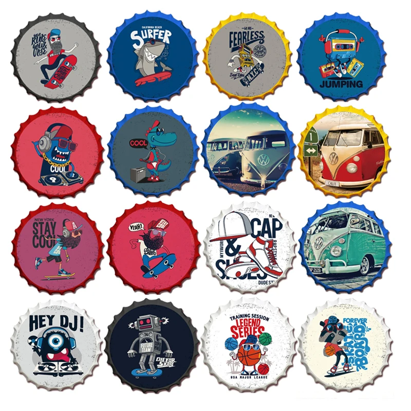 

Wall Decor Cartoon Characters Beer Bottle Cap Tin Sign Retro Metal Decorative Wall Signs Bar Pub Garage Round Plate Print Crafts