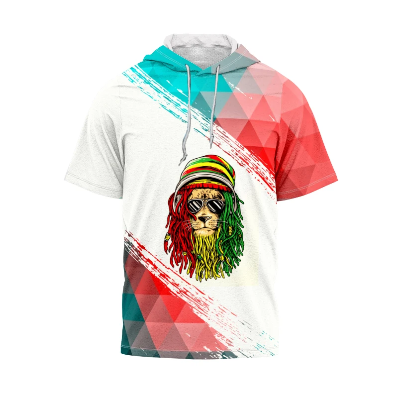 

Lion Abstract Pattern Men's Hooded Short-sleeved T-shirt New Summer Fashion Trend Sports Fashion Casual Street Daily Wear 6XL