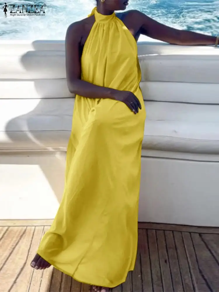 

Women Holiday Beach Solid Maxi Dress 2022 Summer Party Sexy Bow Halter Robe Longue ZANZEA Chic Sleeveless Long Dresses Oversized