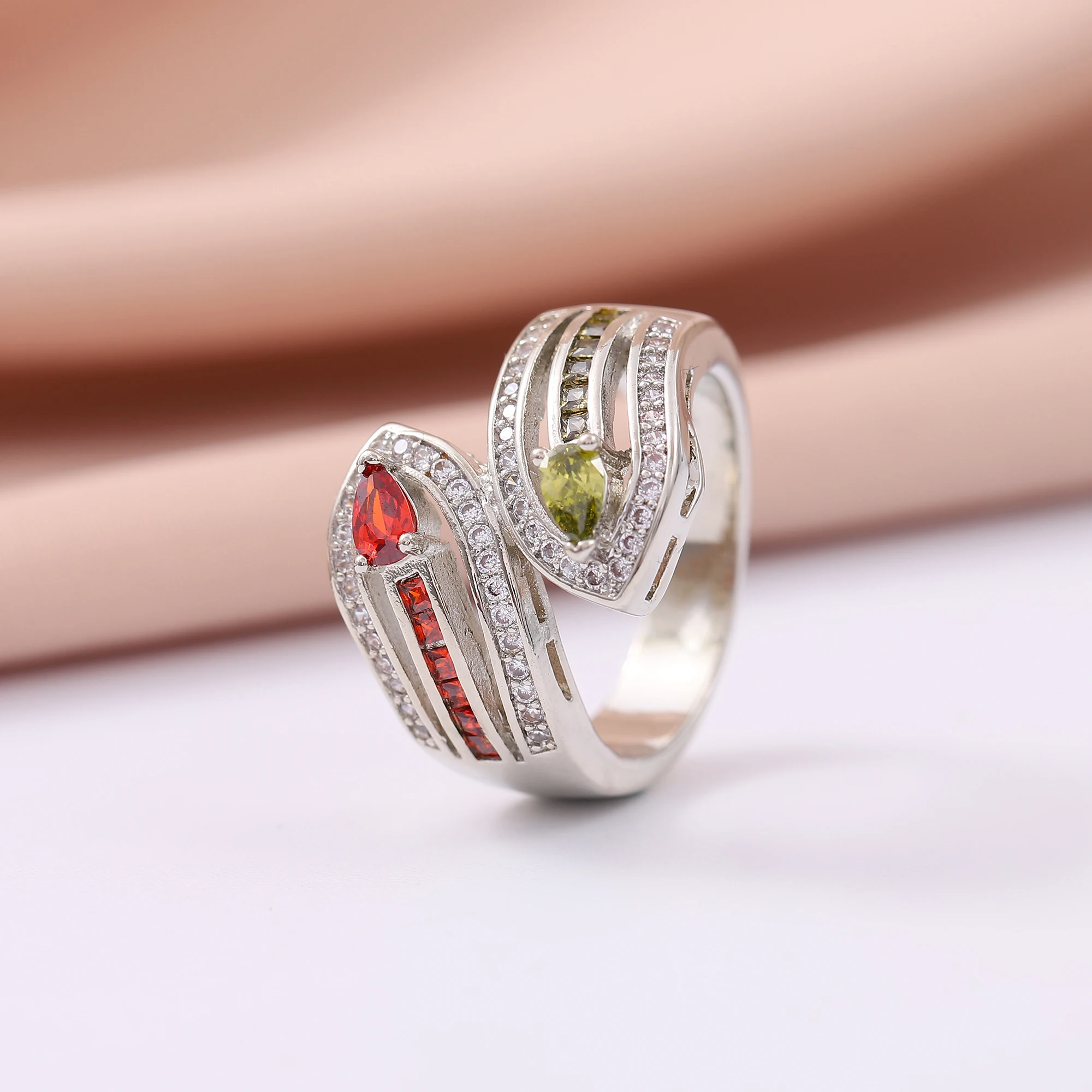 

European And American Fashion Hollowed Out Cross Ring White Red Green Inlaid Zircon Ring Wide Face Comfortable Ring for Women