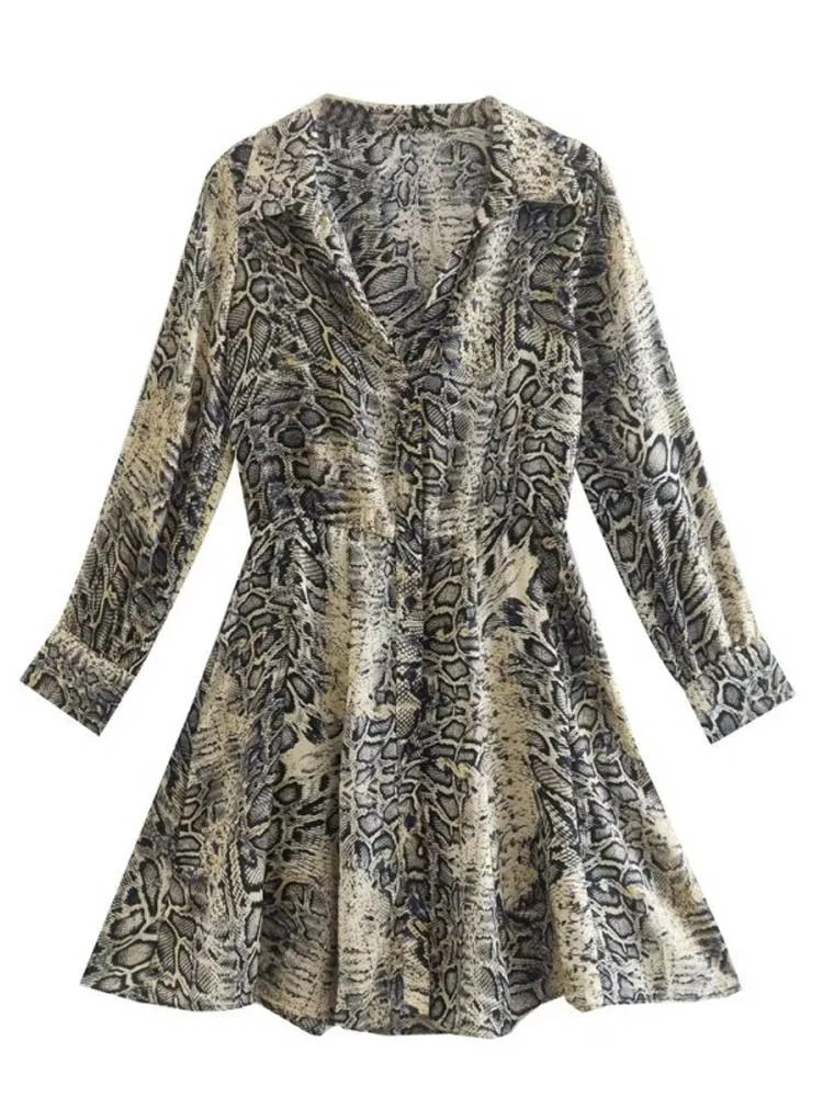 

Женское мини-платье-рубашка со змеиным принтом, элегантное уличное платье-трапеция с длинным рукавом и V-образным вырезом, лето 2022
