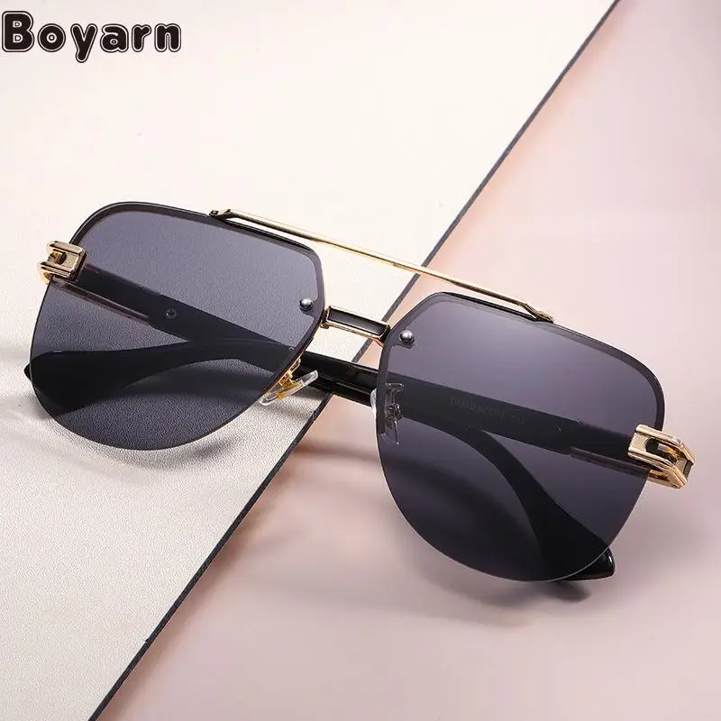 

2022 New Boyarn Luxury Brand Design Large Frame Sunglasses Women's Fashion Double Beam Frameless Sunglasses Men's Fashion Sungla