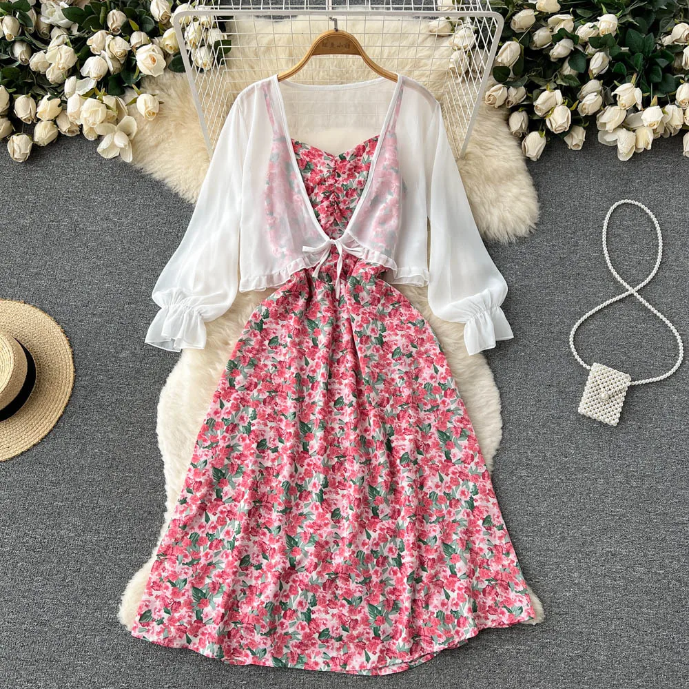 

2023 New Chiffon Shawl Jacket Sweet Temperament Two-piece French Vintage Age Reduction Belly Thin Floral Sling Dress