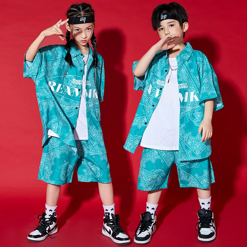 

Детская одежда в стиле хип-хоп, рубашка в стиле Харадзюку с геометрическим принтом, топ, уличная одежда, летние шорты для девочек и мальчиков, костюм для джазовых танцев, одежда