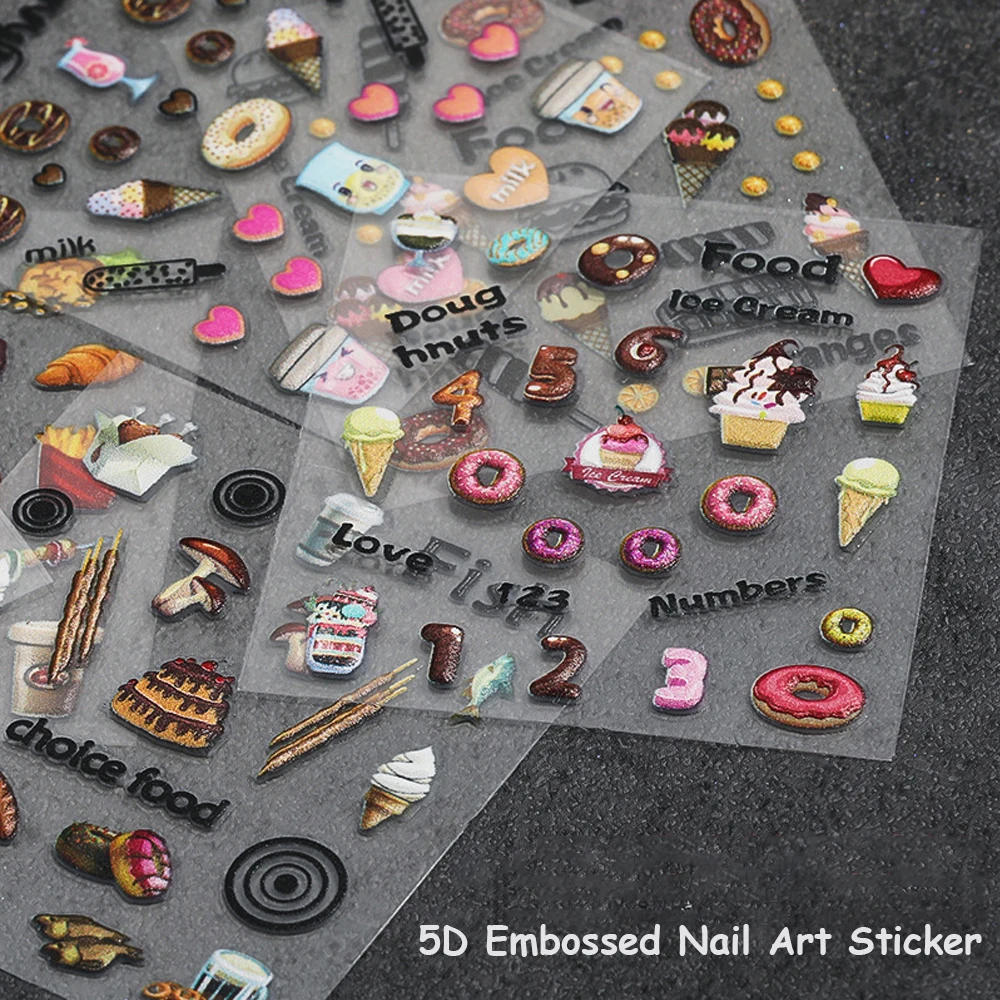 

5D Embossed Set Nail Art Stickers Chocolate Food Sticker Design Engrave Transfer Smiley Decal Slider Holographic Manicure Decora