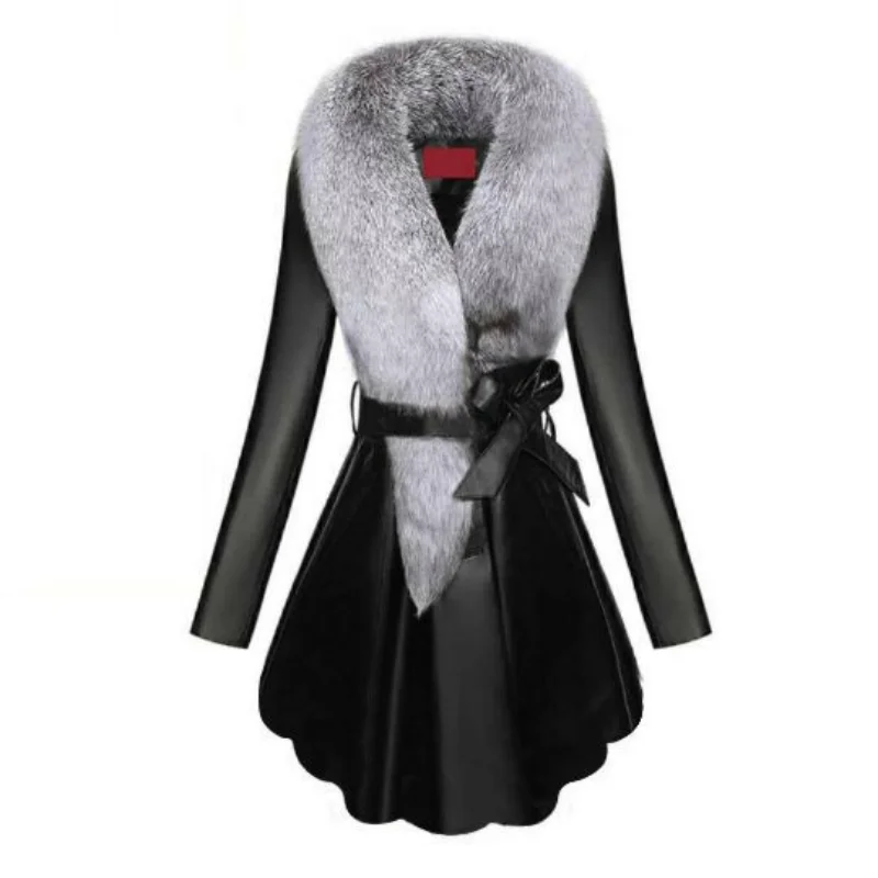 Leather Coat for Women Medium Length Cotton Coat Slim and Slim PU Leather Imitation Fur Imitation Fox Fur Collar Adult Style