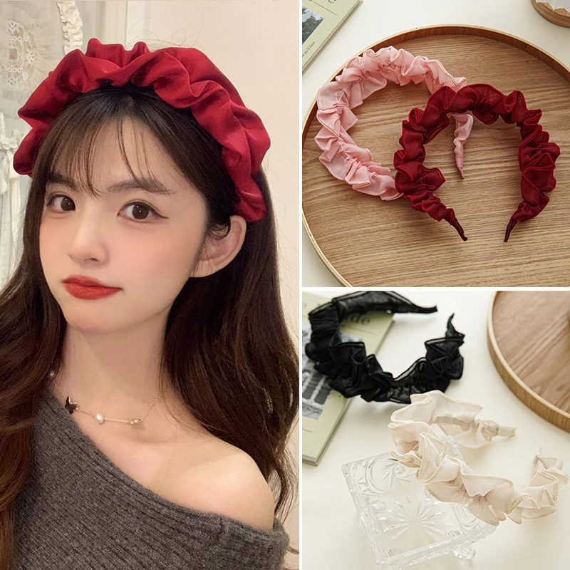 

Sweet Hair Hoop Hair Bands For Women Girls Flower Solid Color Slik Headbands Pleated Wide Hairband Hair Accessories Headwear