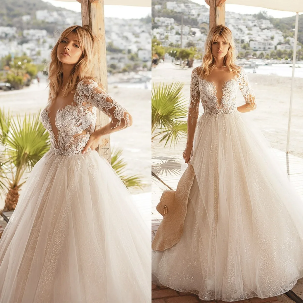 

Mesh Tulle Wedding Dresses Pluging Neckline Lace Long Sleeve Bridal vestidos de novia Boho Custom Made Rode de mariee