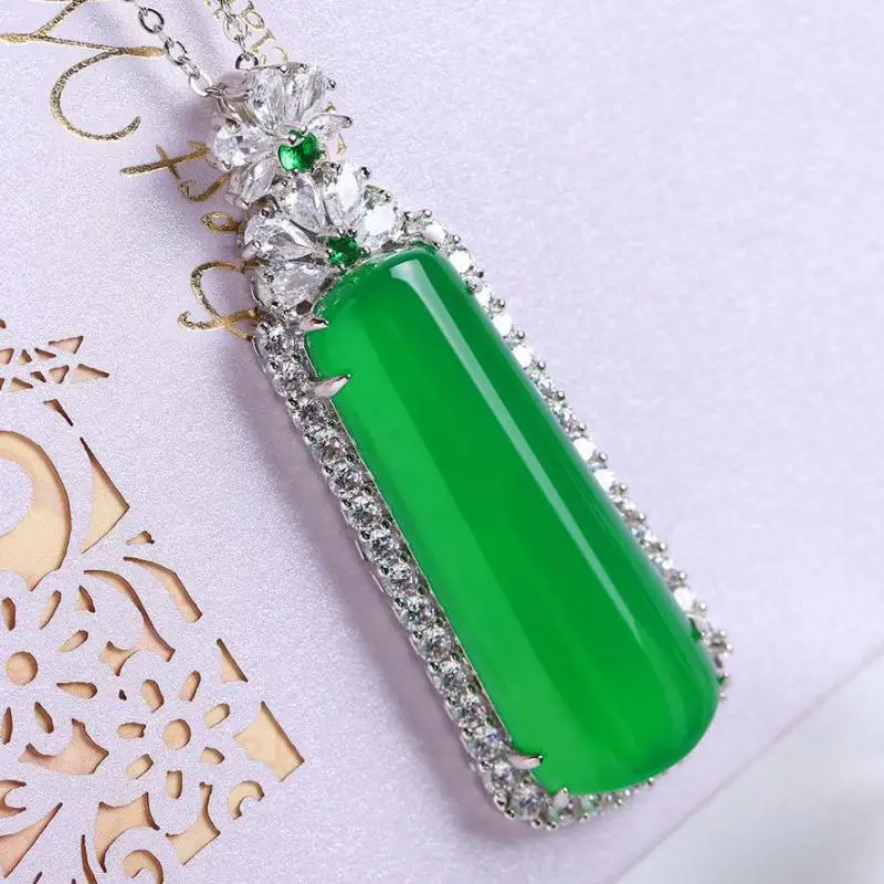 

Nature Green Jadeite Long Pendant Necklace Women Fine Jewelry Pink Jades With Emerald Zircon Luxury Charms Necklaces Ladies Gift