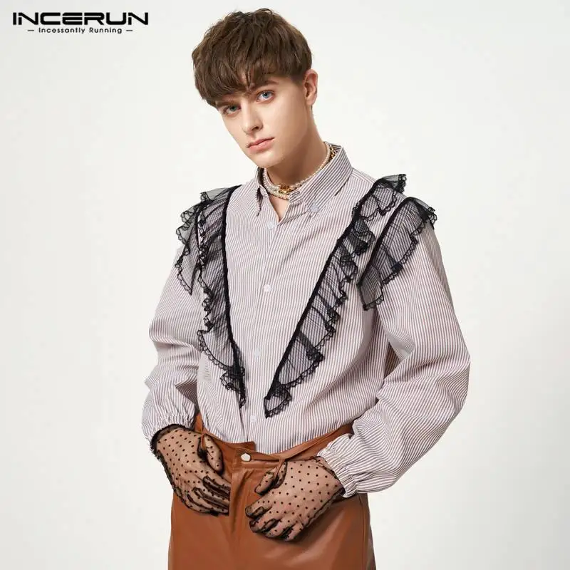

INCERUN Tops 2023 Handsome Men's Lace Mesh Patchwork Blouse Casual Fashion Style Male Hot Sale Loose Ruffled Stripe Shirts S-5XL