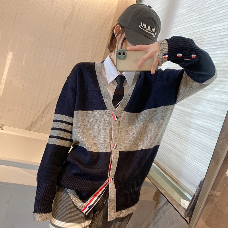 TB Stripe Color Contrast Four Bars V Neck Color Button Wool Knitted Cardigan Men and Women Loose Skinny Long Sleeve Sweater Coat