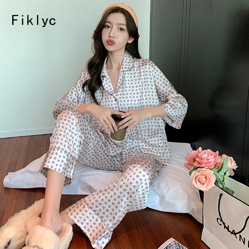 

Fiklyc Dot Print Cute Women Long Sleeve Pants Ice Silk Pajamas Sets With Pockets Casual Female Loose Night Dress