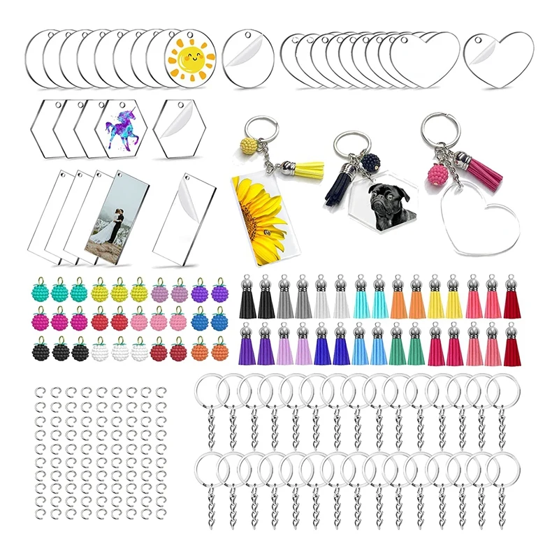 

210 шт., набор пустых акриловых брелоков, 4 формы прозрачных заготовок из акрила, брелоки, кисточки, Малиновые украшения, переходные кольца