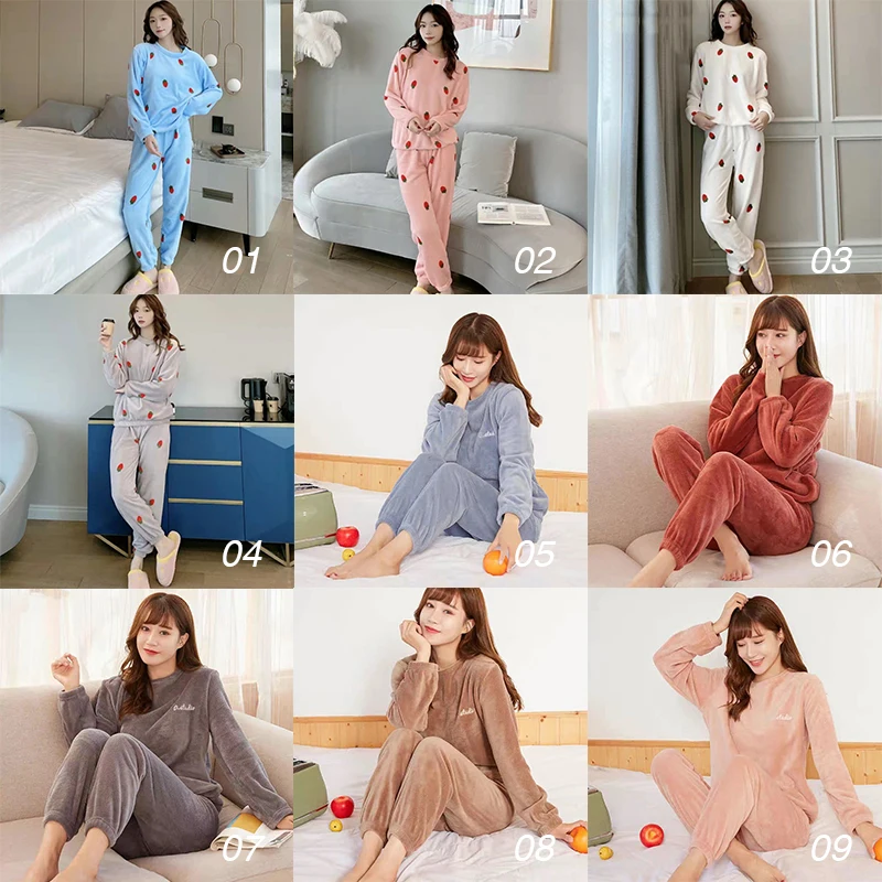 Women's Flannel Pajama Suit Cartoon Cute Winter Thickened Warm Long Sleeve Pajamas Round Collar Pullover Wear Household Clothes