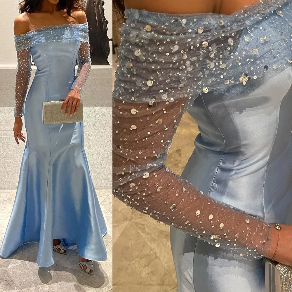 

Prom Dresses Elegant Sparkle Bateall Mermaid Party Dresses Sequin Tulle Hugging Paillette Satin Formal Occasion Evening GownsPro