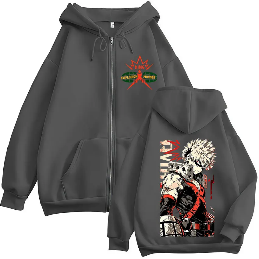 Фото Толстовки на молнии с капюшоном в стиле аниме My Hero Academia Katsuki Bakugo, мужская одежда, модные толстовки с длинными рукавами на молнии, куртки, пальто №4