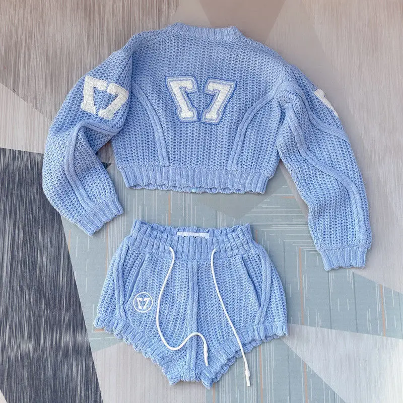 

Korean Style Summer Women Knitted Suits O-Neck Long Sleeve Outwear Tops and High Wasit Wide Leg Short Pants 2 Pieces Sets