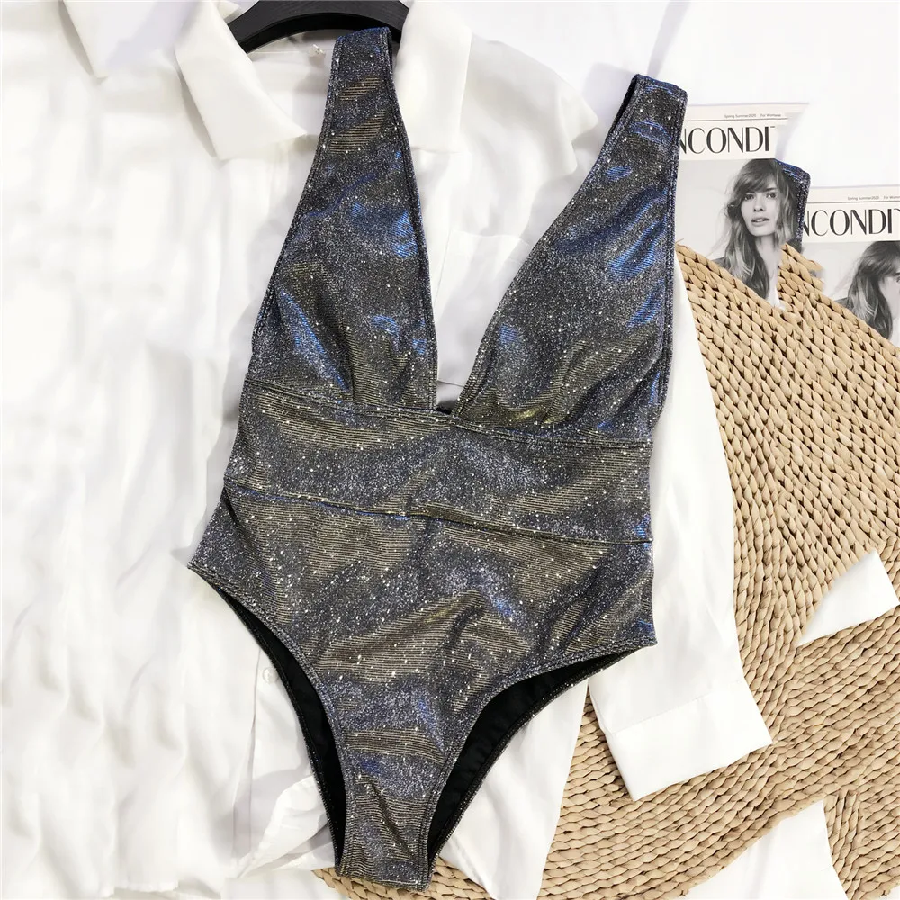 Сексуальная блестящая одежда для плавания женский слитный купальный костюм