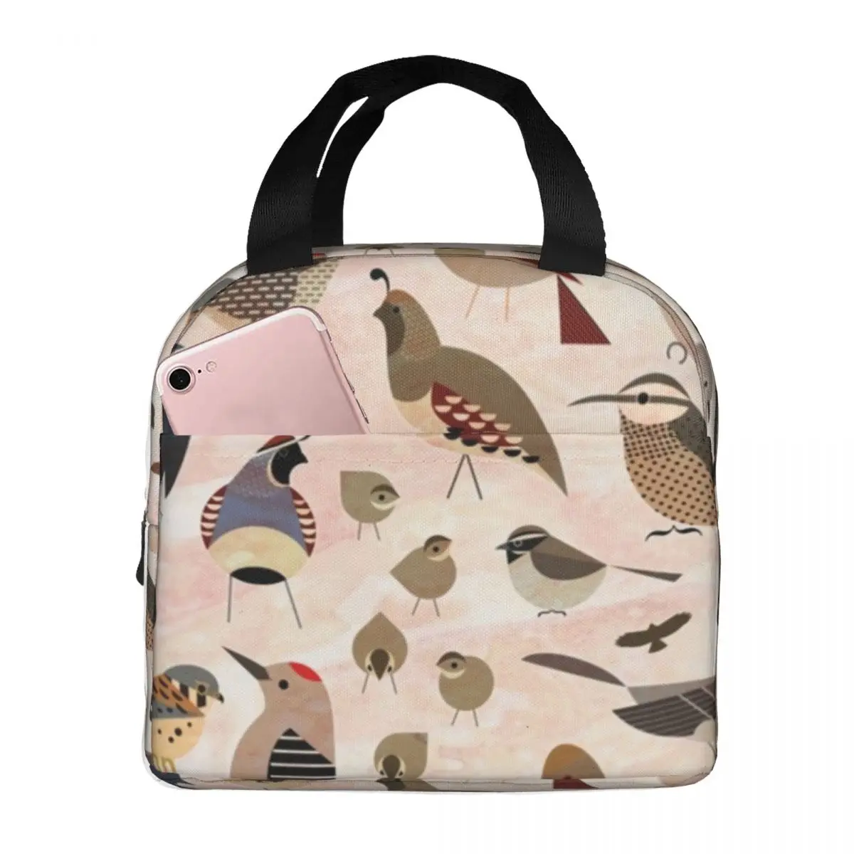 

Sonoran Birds Print Lunch Bag with Handle Bird Art Meal Cooler Bag Cute Zipper School Thermal Bag