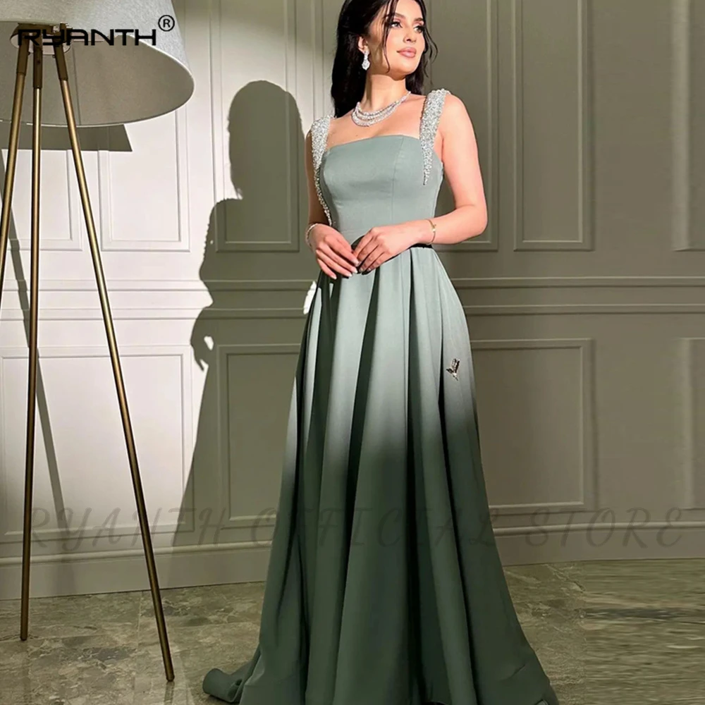 

Ryanth Satin Saudi Arabia A-line Prom Dresses Sparkly Beadings Sequins Spaghetti Straps Evening Party Dresses Robes De Soirée