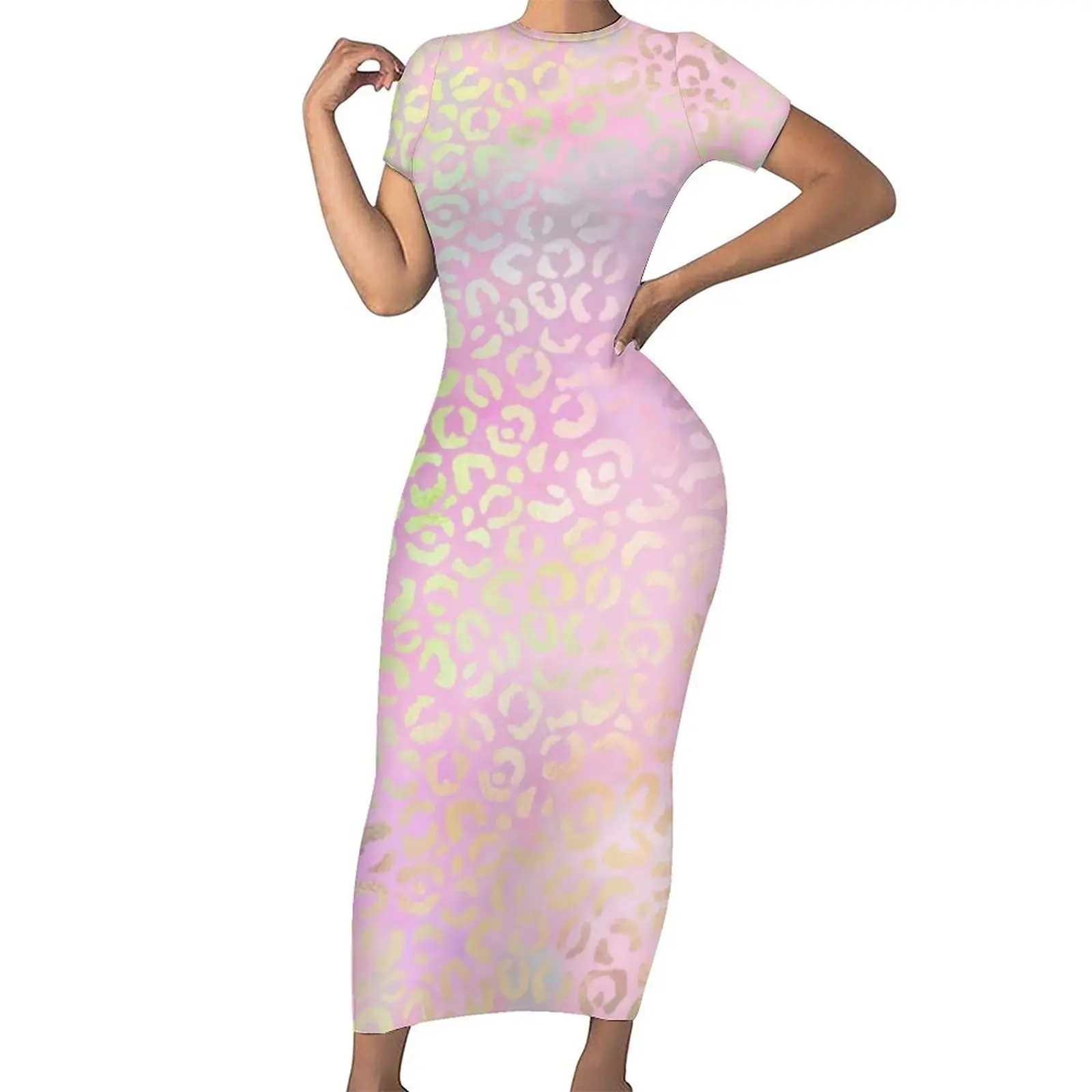 

Pink Leopard Print Dress Short Sleeve Abstract Rainbow Sexy Maxi Dresses Summer Street Fashion Design Bodycon Dress Big Size 5XL