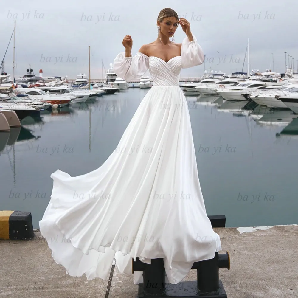 

Simple Chiffon Beach Wedding Dresses 2022 Elegant A-Line Sweetheart Neck Long Puff Sleeve Backless Bridal Gowns Vestido De Novia