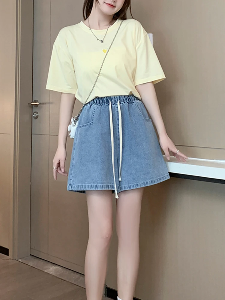 New Spring Summer Women Elastic Waist Loose Blue Denim Shorts Casual Female Wide Leg Lace Up Jeans Shorts Bottoms