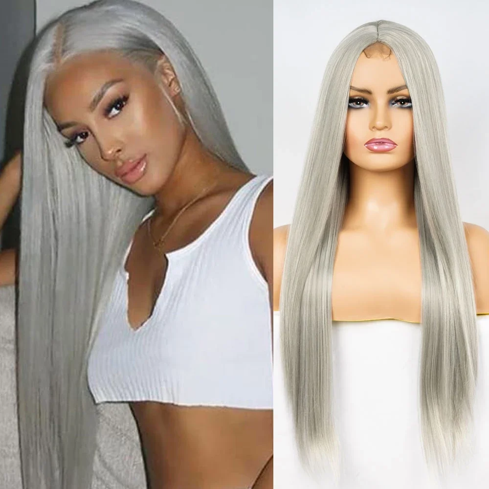 Серебристо-серые длинные прямые парики 30 дюймов Натуральные волосы средней