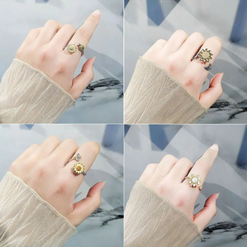 

Girls Women Sunflower Crystal Adjustable Finger Ring Spinner Rings Anxiety Rings Rotating