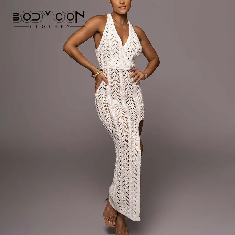 

Облегающее женское вязаное крючком платье-макси в рубчик с V-образным вырезом, без рукавов, с высоким разрезом сбоку, летние пляжные вечерние платья 2023