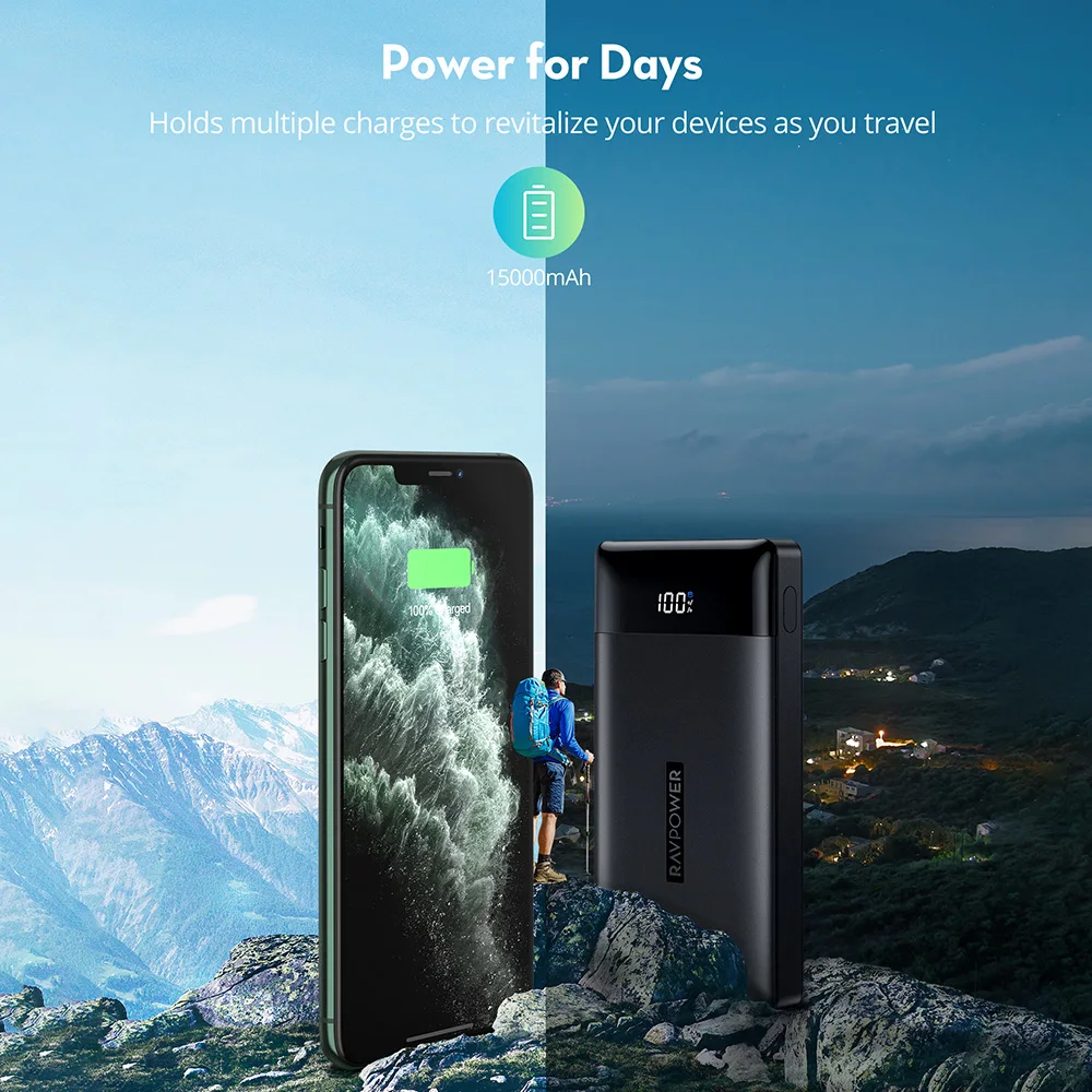 Портативное зарядное устройство RAVPower 15000 мАч QC PD 3 0 18 Вт быстрая зарядка