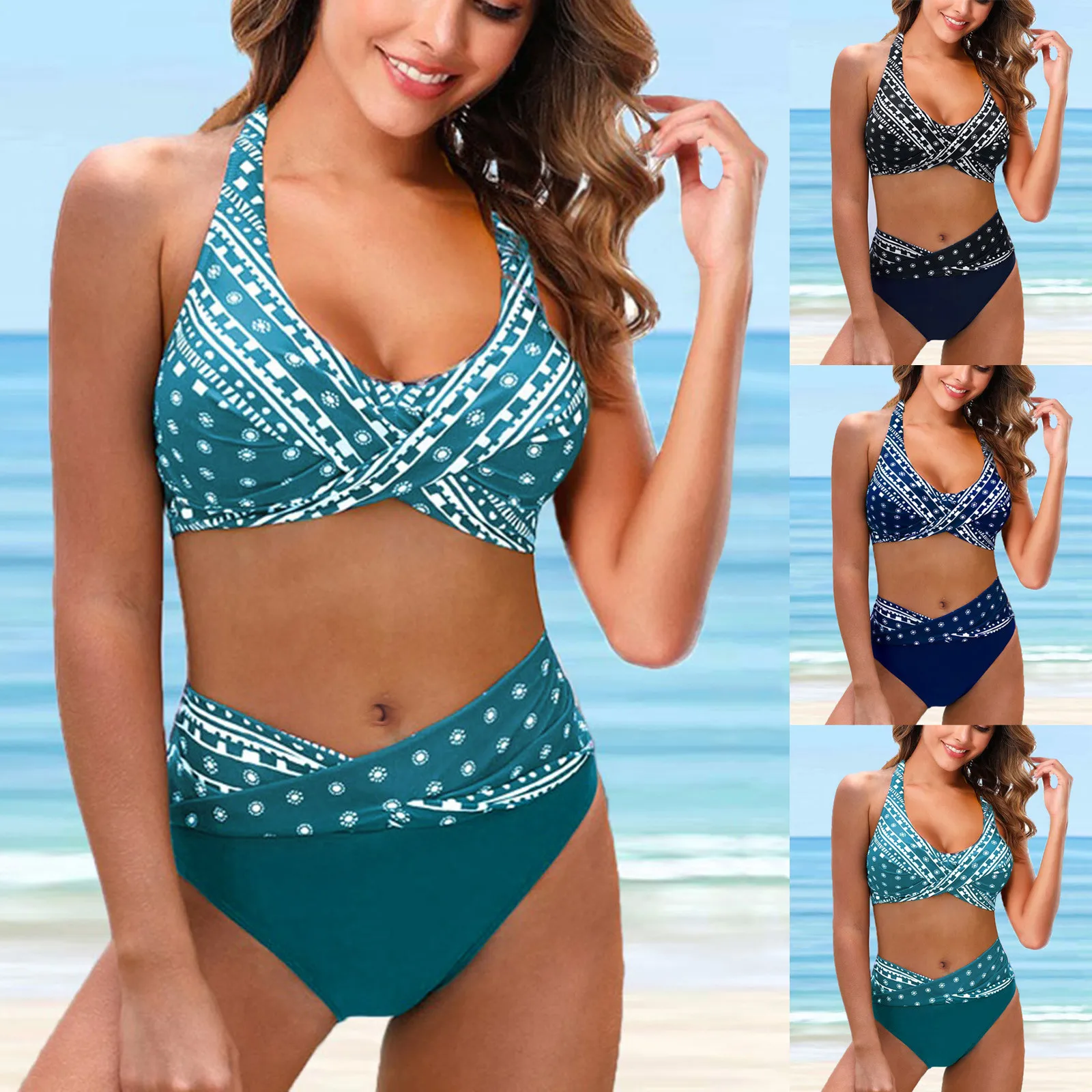 

Women Cross Sport Bra Flower Print High Waist Swimsuit Tankini Halter Bandage Bikini Set Push-up Swimwear Two Piece Bathing Suit