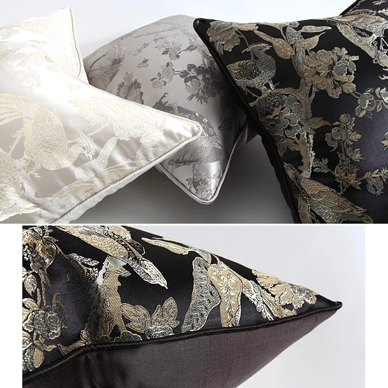 Ретро комната серебристо-серый черный Флора птица жаккардовый чехол для подушки