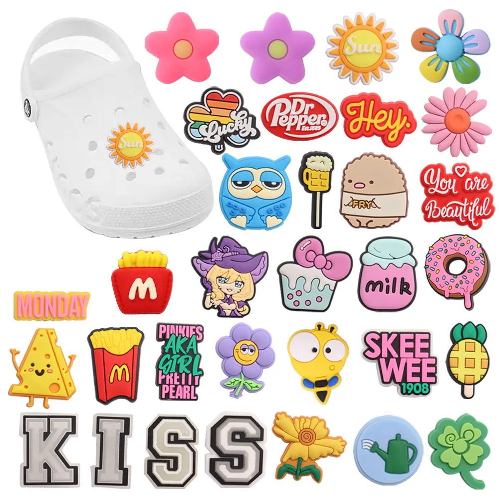 

Mix 50Pcs PVC Shoe Charms Owl Bee Flower Milk Kiss French fries Buckle Clog Decorations Fit Wristbands Croc Jibz Kids Party Gift