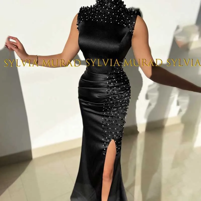 

Luxury Heavily Beaded Evening Dress Mermaid Side Split High Neck Sleeveless Black Sheath Party Dresses Formal Gown