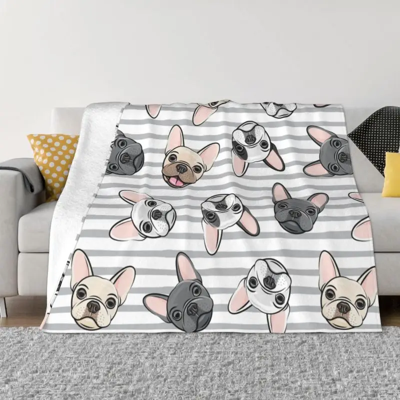 

Grey Stripes Cute French Bulldogs Blankets Warm Flannel Frenchies Pet Dog Throw Blanket for Sofa Office Bedspreads