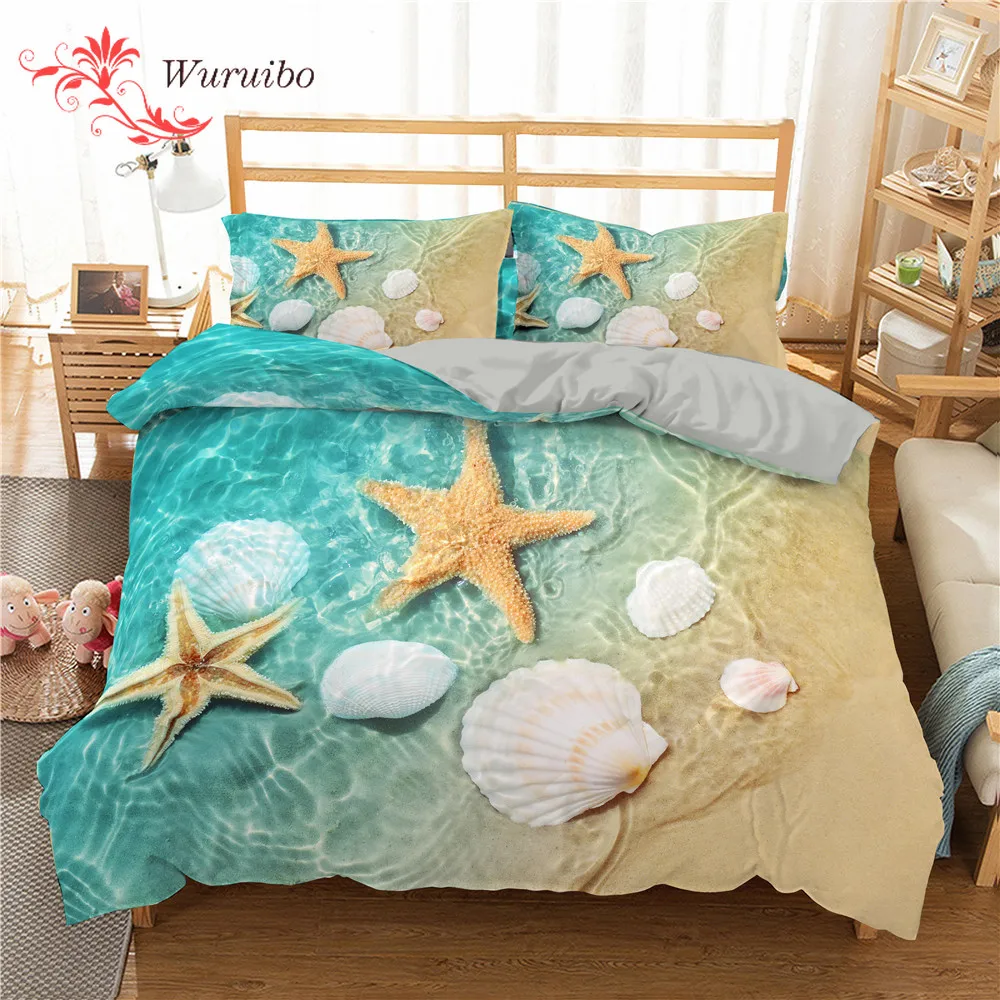

Homesky 3D Beach Bedding Set Ocean Starfish Mircofiber Duvet Cover Blue Quilts Cover Pillowcase Comforter Bed Sets Bed Cover