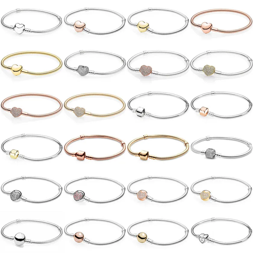 

Original S925 Pave Signature Heart Circular Ball & Barrel Snake Chain Bracelet For Popular Bangle Bead Charm DIY Jewelry