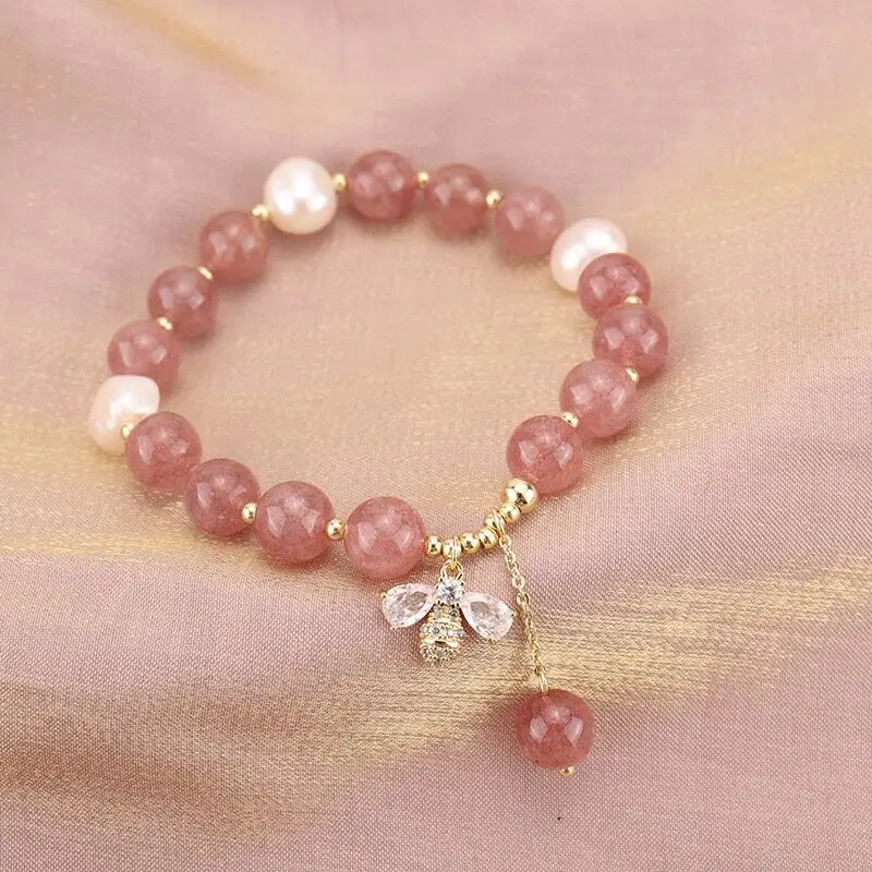 

Natural Stone Strawberry Pink Crystal Bracelet Female Ins Temperament Chinese Style Girlfriends Transfer Peach Bee Crystal Brace