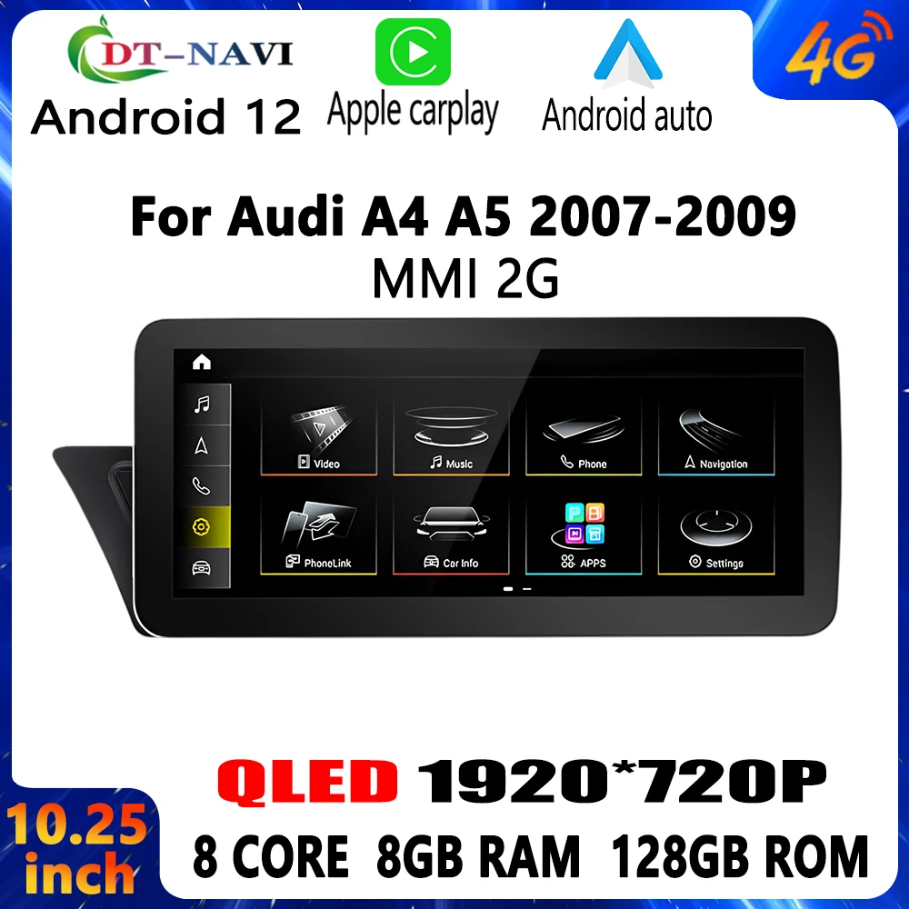 

8 Core Android 12 System Car Radio For Audi A4 A5 2007-2009 MMI 2G WIFI SIM BT Carplay DSP Audio GPS Navi Multimedia Player