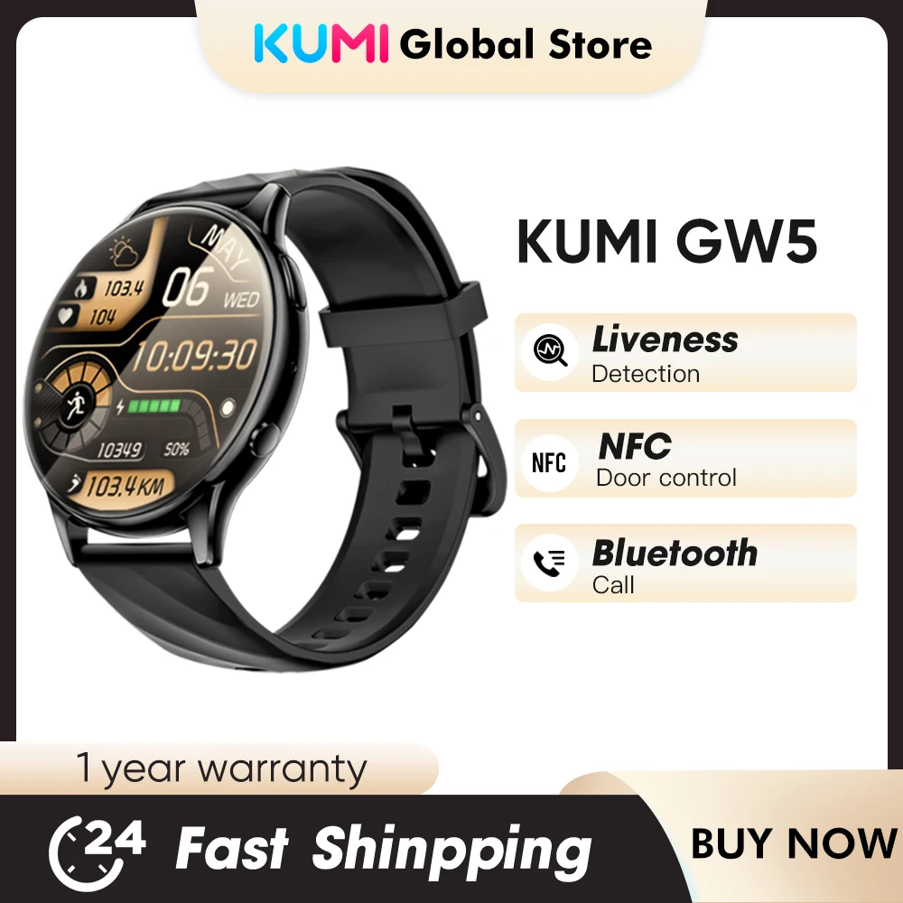 

Global Version KUMI GW5 Smartwatch 1.39 inch Waterproof IP68 NFC Bluetooth 5.2 100+ Sport mode Blood Pressure Heart Rate Oxygen