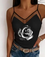 womens tank tops 2022 summer sexy floral print contrast sheer mesh cami top women clothing v neck spaghetti strap female vest
