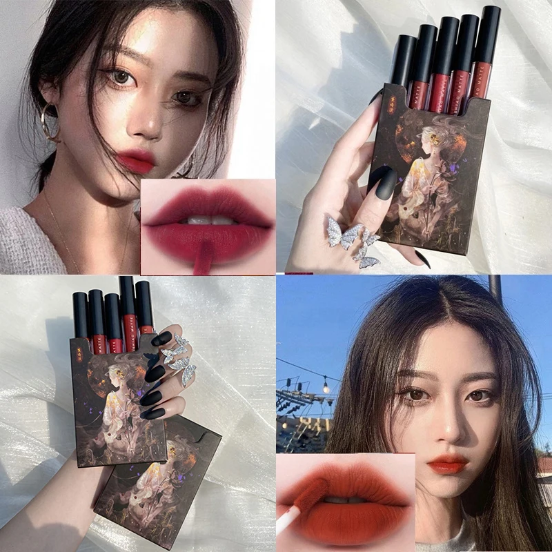 

5pcs Set Lip Glaze Box Lipstick Matte Velvet Lipsticks Nonstick Cup Lip Gloss Matte Red Tint Lip Glaze Waterproof Lipstick Kit R