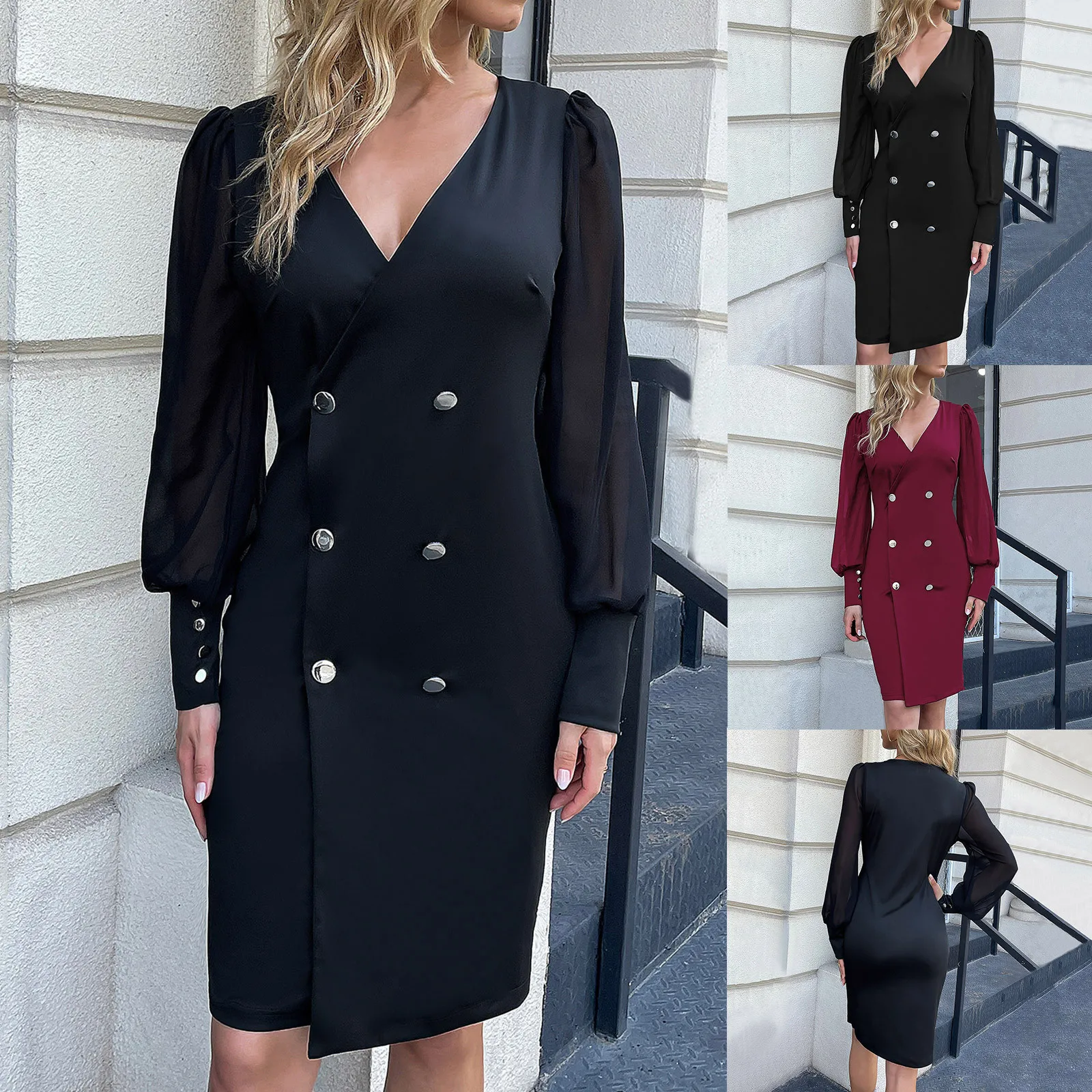 

Women's Classic Solid Deep V Long Sleeve Dress Colla Dresses for Women