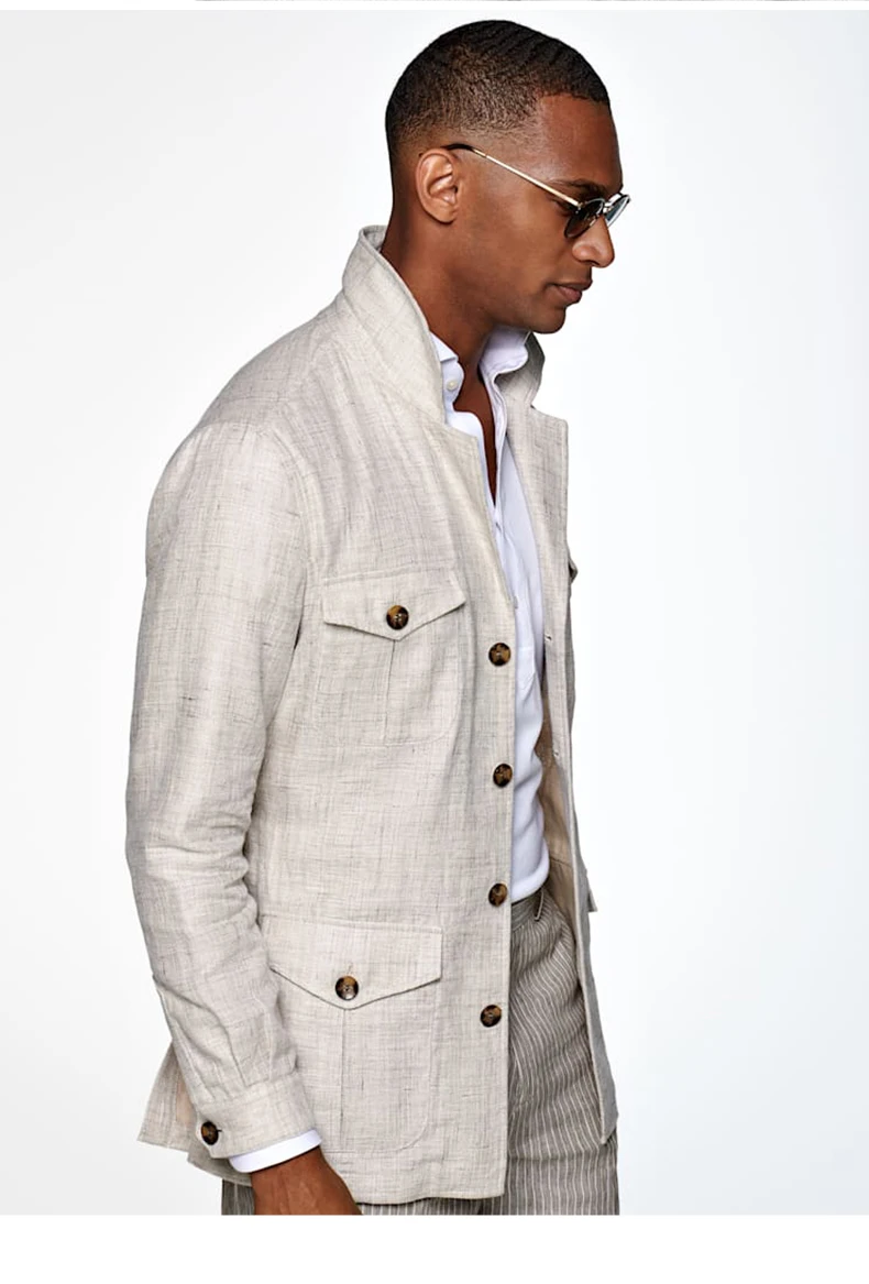 Летний льняной маленький костюм мужской тонкий пиджак сафари с длинными