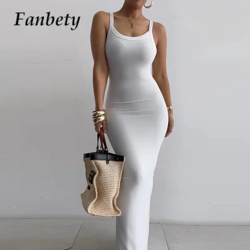 

New Elegant U Neck Sling Long Dress Fashion Women Solid Candy Color Sleeveless Bodycon Dress Sexy Slim Hip Wrap Party Dress Robe
