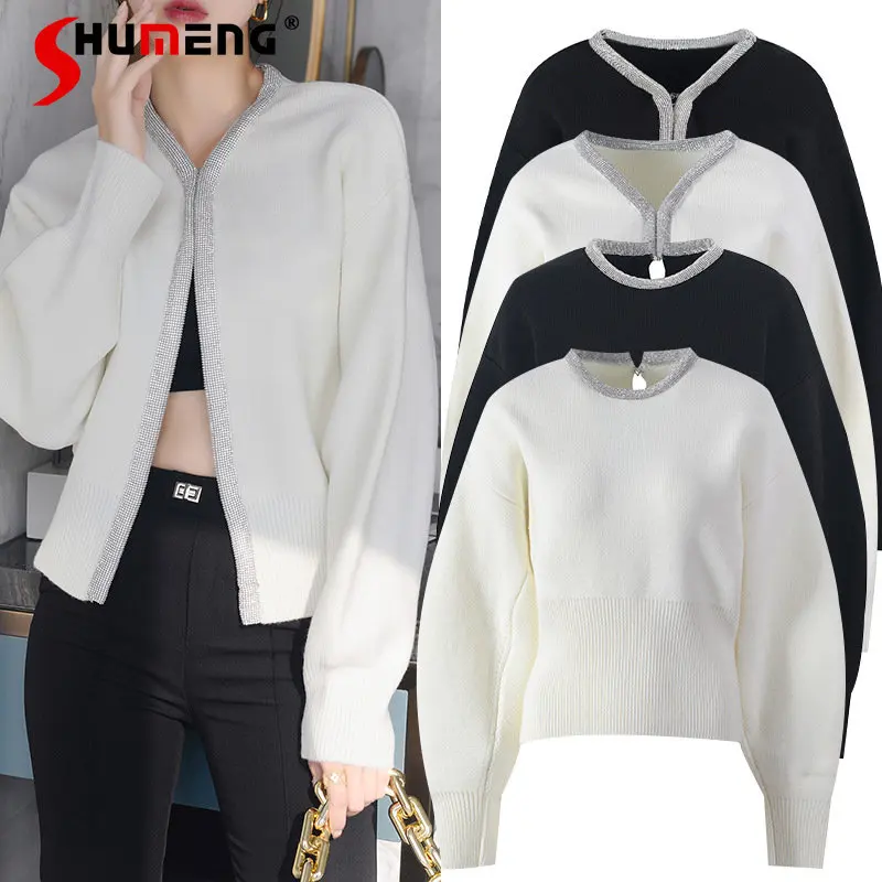 

Autumn and Winter New Knitted Cardigan Puff Sleeve Women's V-neck Sweater Fashionable Diamond-Embedded Temperament Coat